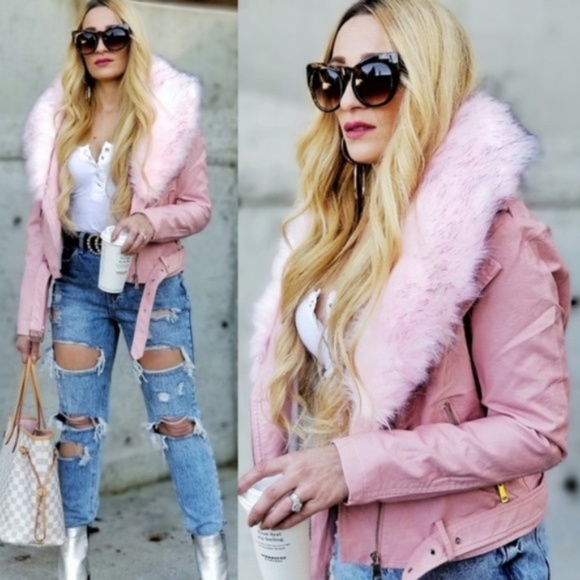 MODA ME COUTURE Jackets & Blazers - GLAM DOLLZ Pink Fur Trimmed Vegan Leather Jacket